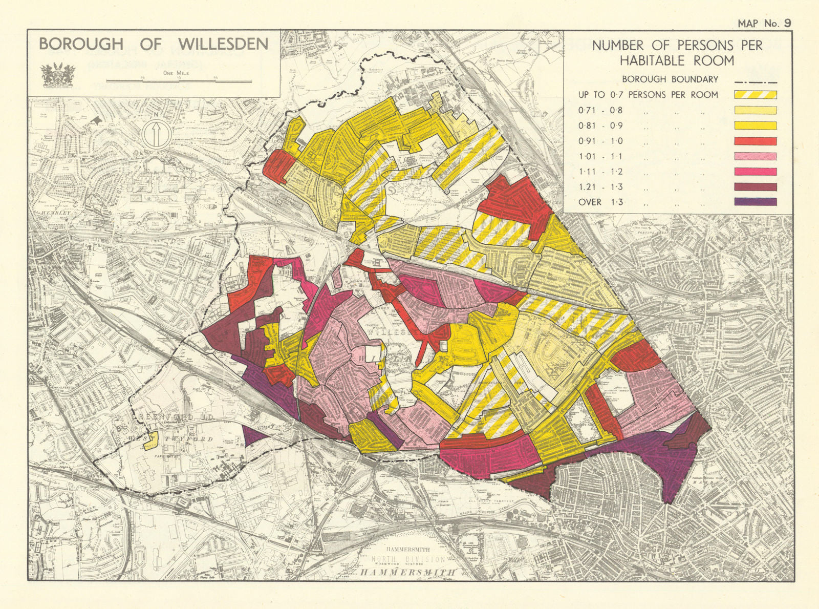 Willesden Borough. Number of persons per habitable room. Kensal Kilburn 1950 map